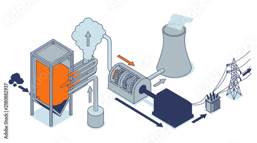 Modern of a Power Plant Process Showing Combustion Steam Turbine Cooling Tower and Electricity Transmission