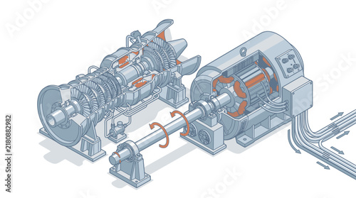 Minimalist Isometric of Industrial Gas Turbine Engine with Internal Flow Paths Highlighted in Orange