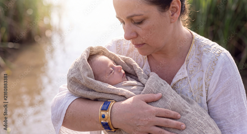 Fototapeta premium A compassionate woman in simple ancient clothing gently cradles a sleeping swaddled infant in her arms against a sunny river landscape