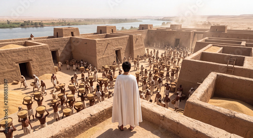 A man in white robes stands on a high terrace overseeing numerous workers and circular storage granaries in an ancient desert agricultural settlement