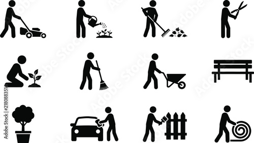 Gardening and outdoor yard maintenance pictograms and silhouette icons set