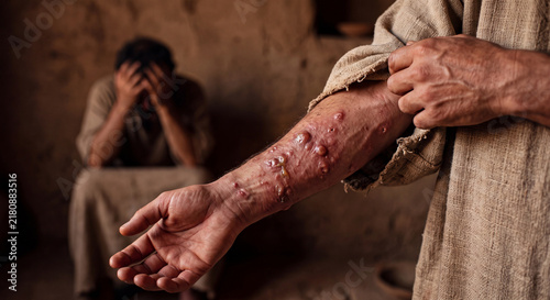 A suffering man examines infected sores and blistering boils covering his arm during the biblical plague of boils in ancient times