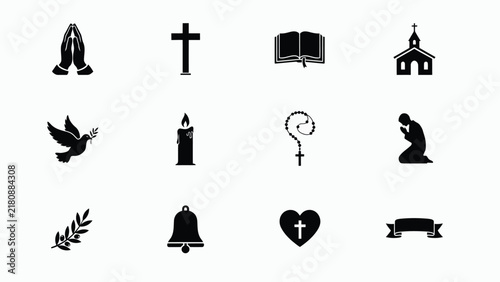 Fotografie Twelve religious symbols and a praying figure in minimalist black silhouette sty
