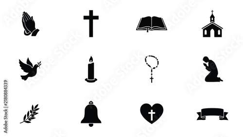 Obraz na plátně Religious symbols with Collection twelve distinct religious icons clean black wh
