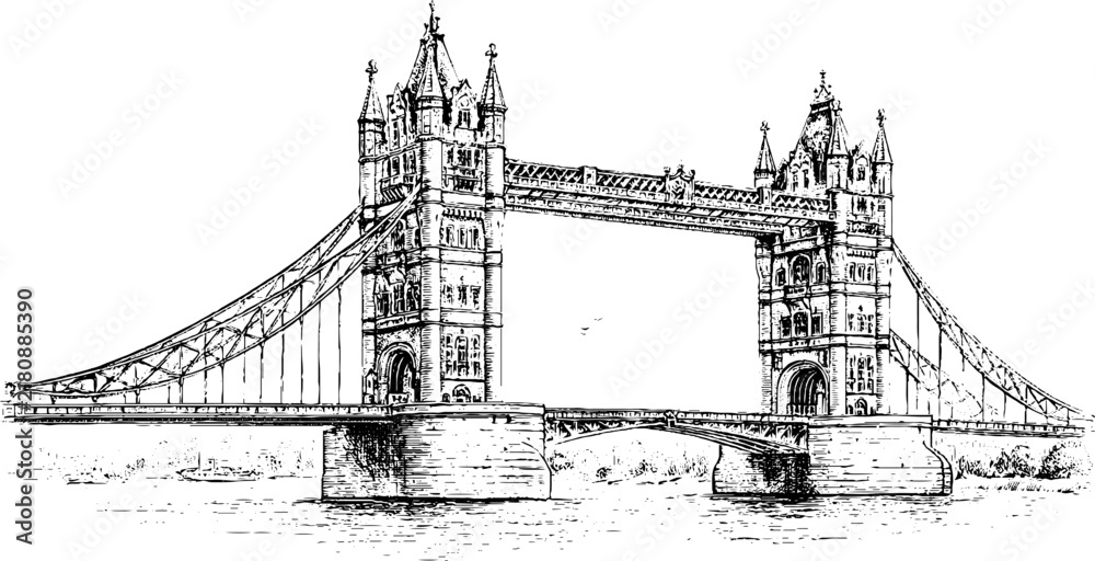 Obraz premium Antique engraved tower bridge isolated on white background detailed architectural drawing for background or poster design
