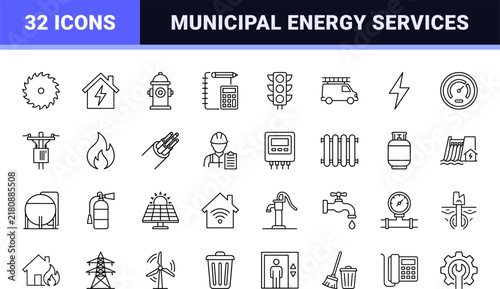 Public utilities energy water internet gas line icon set. Vector pictograms of utility, service, power, and electricity elements, thin linear illustration.