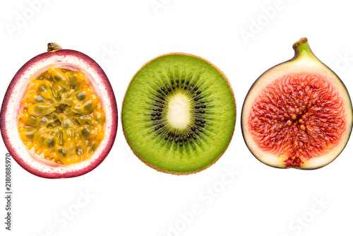 Halved Passion Fruit Kiwi and Figs in Row Isolated on Transparent Background PNG