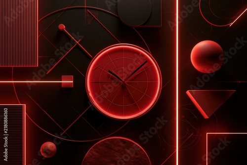 Abstract geometric composition with red clock and neon lights