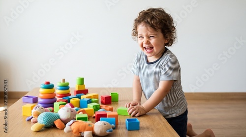 Joyful toddler playing with colorful toys on a wooden table