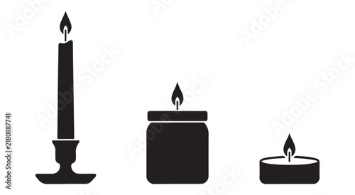 Принти на полотні Black silhouette burning candles set featuring taper candle on candlestick jar and tealight designs
