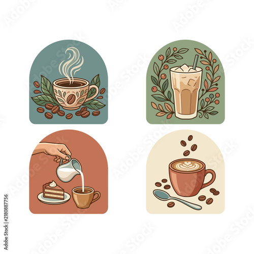 Cuadro en lienzo Set of four coffee shop emblems featuring steaming mugs iced beverages pouring m