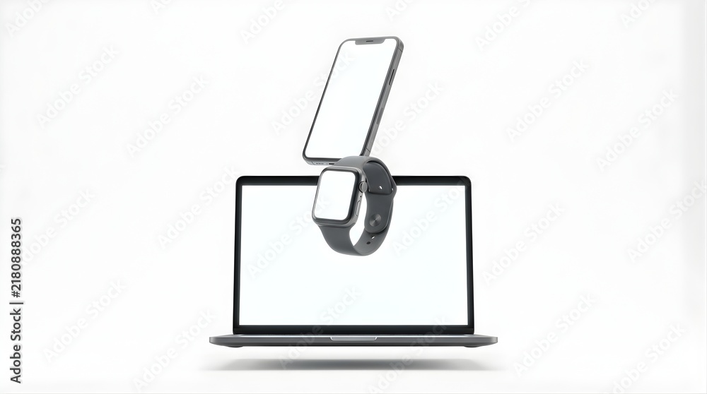 Obraz premium Floating laptop phone and watch with blank screens on white background