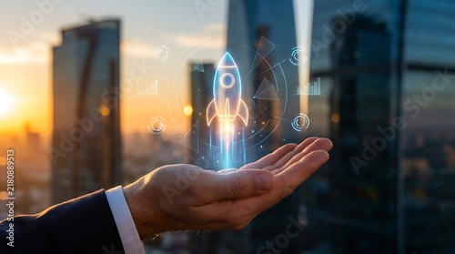 Rocket launch hologram levitates over a businessman's hand against a modern city skyline at sunset.