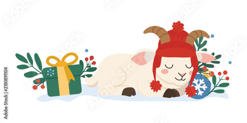 Cute sleeping goat in a red winter hat with a gift box and Christmas decor. New Year and winter holiday vector illustration isolated on white background.