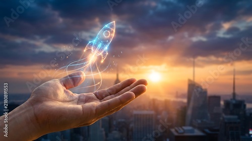 Rocket hologram floats above an open hand against a city skyline background at sunset.