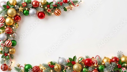 Christmas border frame background with fir branches, red and gold baubles, ornaments, and lights on white background with copy space
