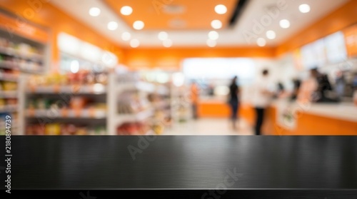 Empty black stainless steel table top with blurred background of convenience store interior for product display.