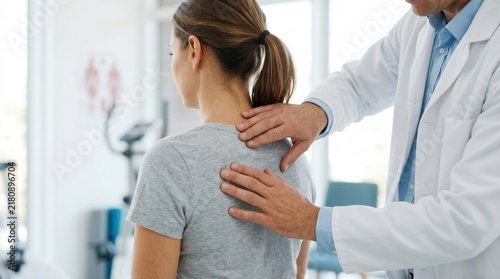 Doctor examines woman upper back and spine for pain relief.