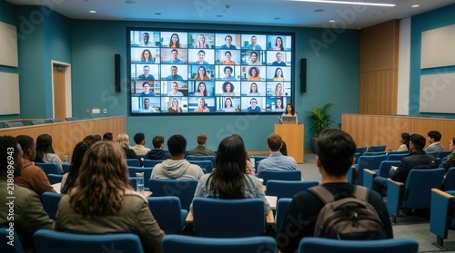 Students attend a hybrid classroom session with some in person and others joining virtually on a large screen.