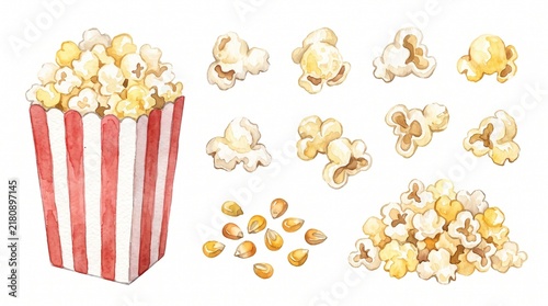 Watercolor popcorn bucket and kernels set for cinema and movie night design elements