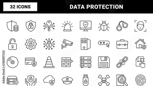 Cybersecurity line icon set. Vector pictograms of security, protection, safety, and data elements, thin linear illustration.