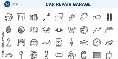 Auto service line icon set. Vector pictograms of car, repair, garage, and mechanic elements, thin linear illustration.