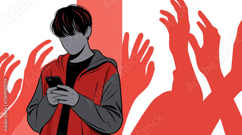 Faceless teenager holding a smartphone while stylized red hands emerge from the screen, cyberbullying, online intimidation, digital violence, social media risks, youth mental