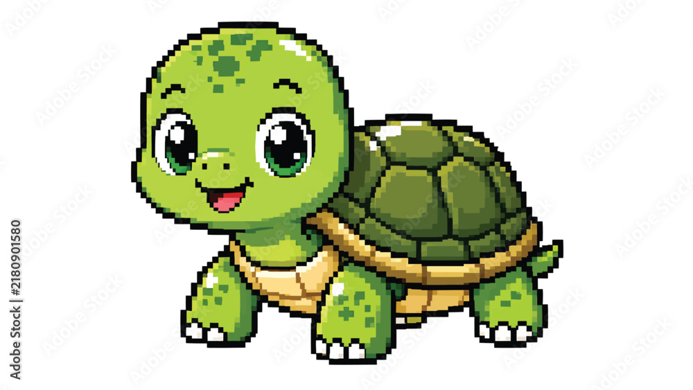 Obraz premium Cute green pixel art turtle with smiling face and detailed shell, adorable slow animal game character isolated on a clean white background