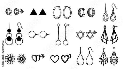 Bild auf Leinwand Fashion Earrings and Jewelry Accessories Line Icon Set with Hoops Studs Drop Dan