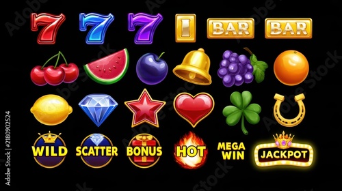 Set of twenty four vibrant slot machine game icons with fruits and casino symbols