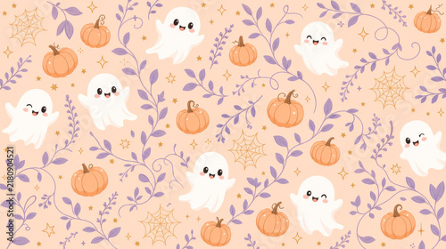 Seamless Cute Pastel Halloween Botanical Pattern with Friendly Flying Ghosts, Orange Pumpkins, and Purple Leaves on Peach Background