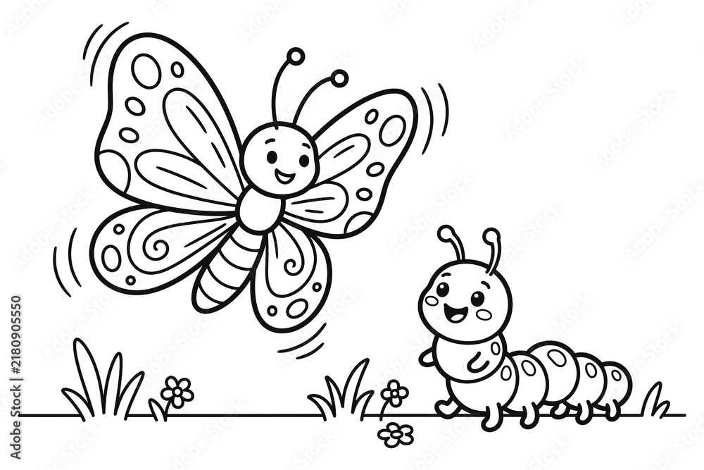 Obraz premium Butterfly flying near cute caterpillar in garden vector graphic