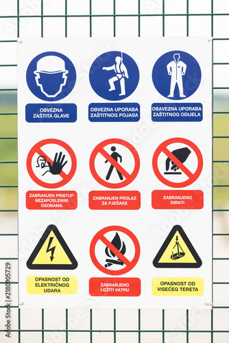 Construction Safety Signs Panel Showing Mandatory And Prohibition Symbols For Personal Protective Equipment And Hazards