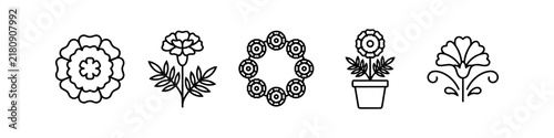 Set of five marigold flower line icons featuring a bloom, stem with leaves, circular garland, potted plant, and stylized floral ornament. Perfect for Day of the Dead (Dia de los Muertos) or Diwali.