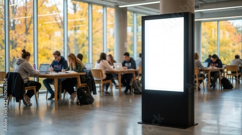 Modern digital screen displays blank white space for ads in a busy indoor study hall with people on laptops.