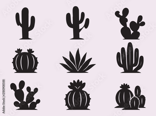 Cacti silhouette collection on light background for desert design.