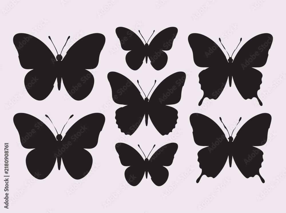 Fototapeta premium Butterfly silhouette assortment black insect shapes for spring garden nature decorative invitations.