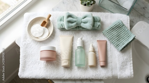 Kid skincare products, folded towels, headband, brush, and washcloth are arranged from above, presenting a gentle daily care set for cleansing, moisturizing, grooming, and self-care.