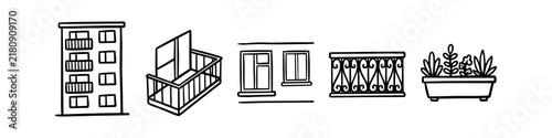 Hand-drawn doodle set of architectural elements including an apartment building, balcony, windows, decorative railing, and a window box planter. Ideal for urban lifestyle design.