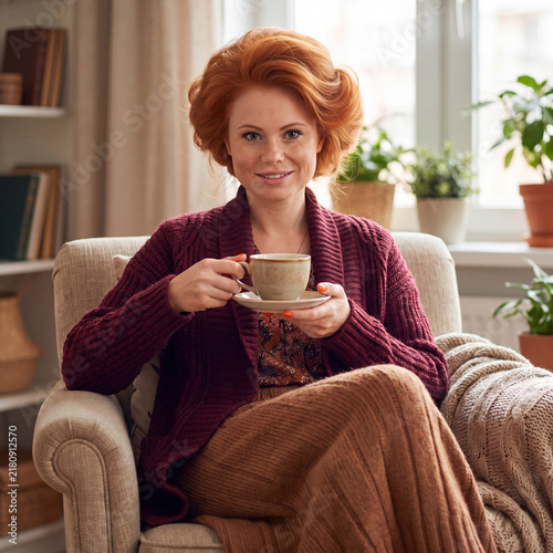 Bild auf Leinwand Portrait of a beautiful young woman in woolen knitted clothes