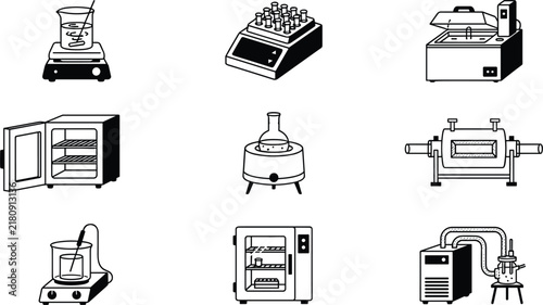 Laboratory Thermal Heating and Scientific Equipment Icon Collection with Magnetic Hotplate Stirrer, Tube Furnace, Block Heater, Drying Oven, and Incubator Vector Graphics,