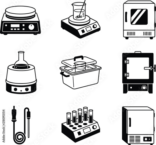 Laboratory Thermal Heating and Scientific Equipment Icon Collection with Magnetic Hotplate Stirrer, Muffle Furnace, Block Heater, Water Bath, and Incubator Vector Graphics,