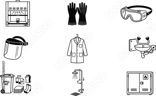 Laboratory Chemical Safety and Industrial PPE Icon Collection with Biosafety Fume Hood, Full Face Shield, Eyewash Fountain, Emergency Shower, and Spill Kit Trolley,