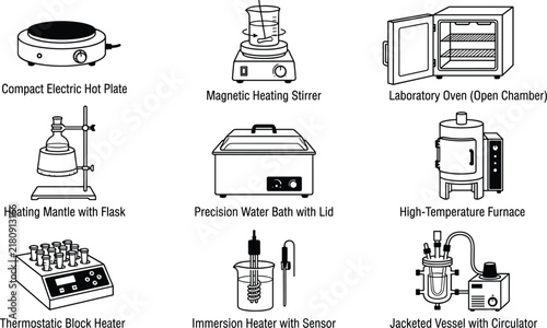 Laboratory Thermal Heating and Scientific Equipment Labeled Icon Set with Magnetic Stirrer, Drying Oven, Water Bath, and High Temperature Furnace Vector Graphics,