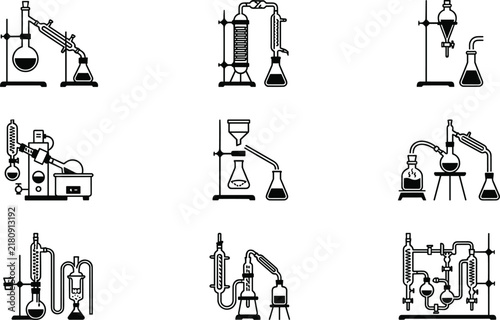 Organic Chemistry Chemical Distillation and Glassware Laboratory Apparatus Icon Collection featuring Rotary Evaporator, Fractional Distillation Column, and Separatory Funnel Vector Graphics,