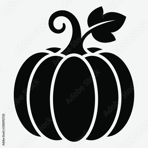 Black silhouette of a pumpkin with a stem and leaf on a light gray background
