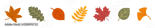 Set of seven stylized autumn leaves in orange, olive, yellow, crimson and sage; flat minimalist vector collection, isolated on white background.