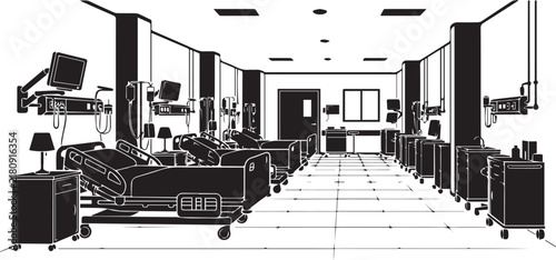 Hospital intensive care unit room black silhouette with medical beds and life support equipment monitoring.