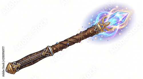 Ornate wizard staff with large glowing blue crystal and aura