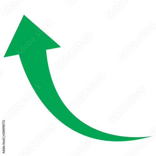 Green curved growth arrow pointing upper left, upward trend and financial success symbol isolated on white background
